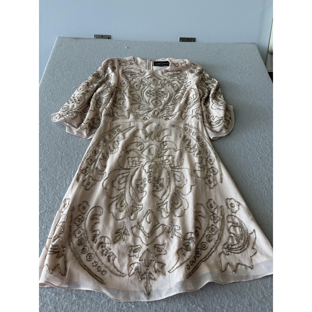 Needle & Thread Cocktail Dress Womens 4 Beige Beaded Chiffon Fit Flare